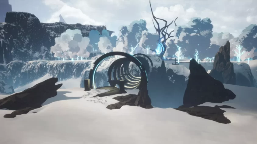 Заснеженный пейзаж с магическим аркой в Shattered: Tale of the Forgotten King