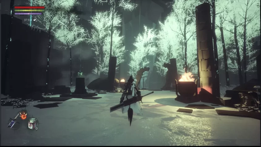 Снежный пейзаж с мистическими деревьями и огнями в Shattered: Tale of the Forgotten King