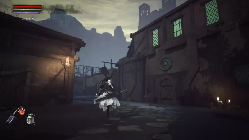 Городская улица в Shattered: Tale of the Forgotten King с заброшенными зданиями