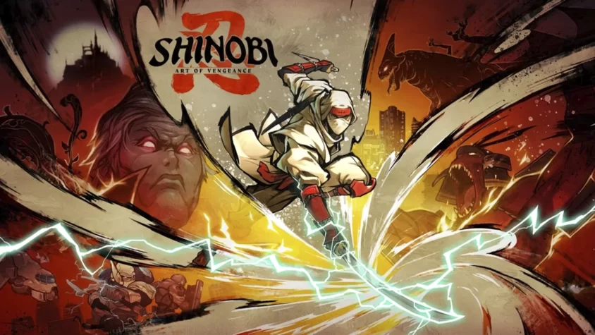 Обложка игры Shinobi с персонажем, сражающимся с монстрами в разрушенном городе