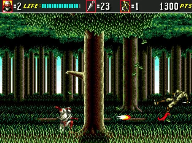 Геймплей игры Shinobi III: Return of the Ninja Master в лесу
