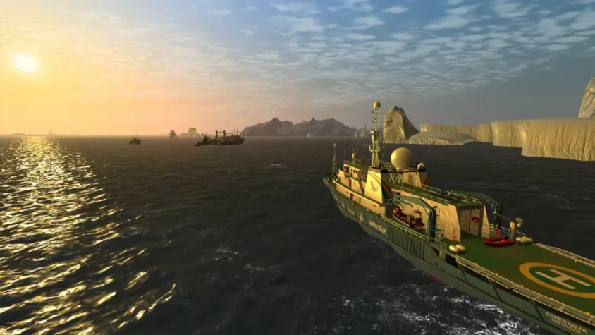 Корабль Esperanza в игре Ship Simulator Extremes, плывущий среди айсбергов на закате