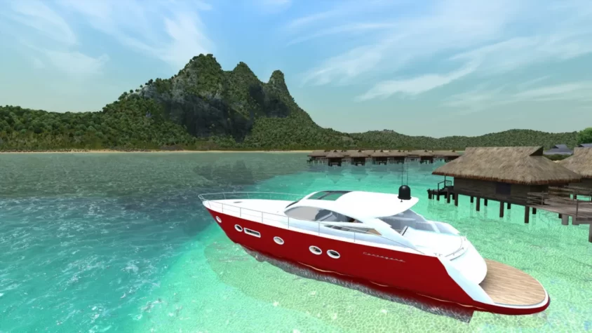 Яхта в игре Ship Simulator Extremes, стоящая на фоне экзотического пляжа
