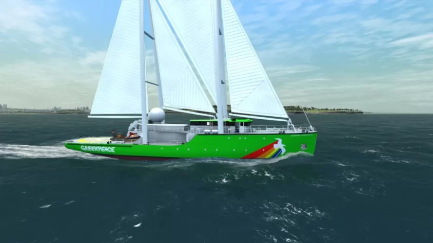 Корабль Greenpeace в игре Ship Simulator Extremes, с белыми парусами и ярким зеленым корпусом