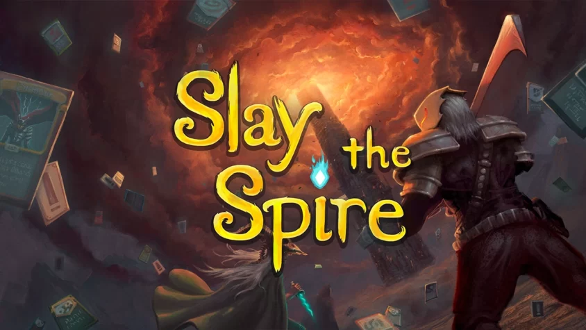 Обложка игры Slay the Spire с персонажем, сражающимся с башней
