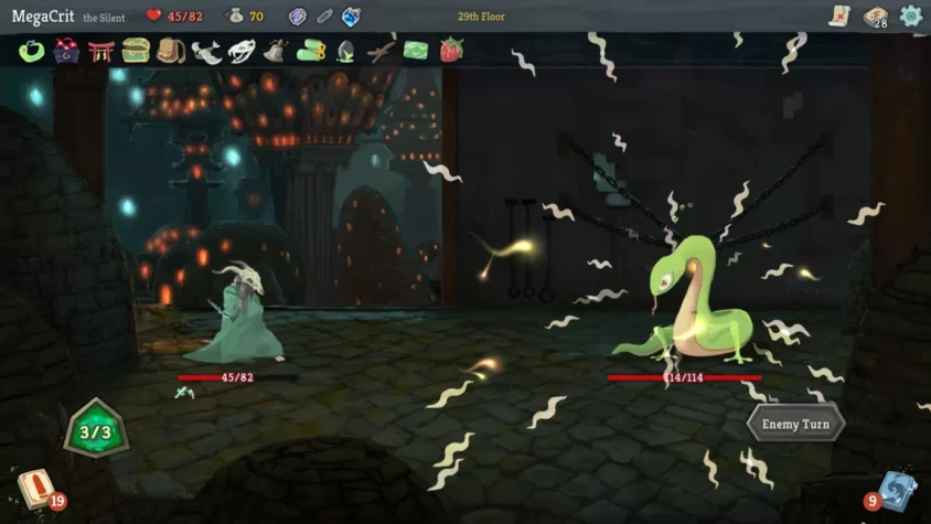 Бой с врагом в игре Slay the Spire на 29 этаже, с врагом в виде змеи