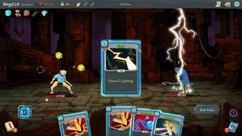 Бой на 11 этаже в Slay the Spire, с использованием карты Zap для создания молнии
