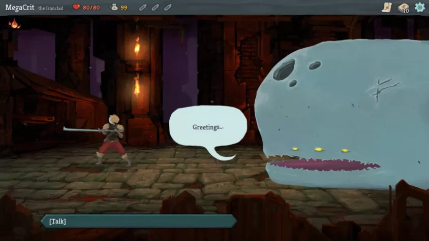 Встреча с боссом в игре Slay the Spire, огромное существо приветствует героя