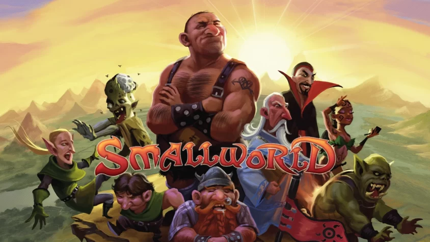 Обложка игры Small World с яркими персонажами и пейзажем на фоне