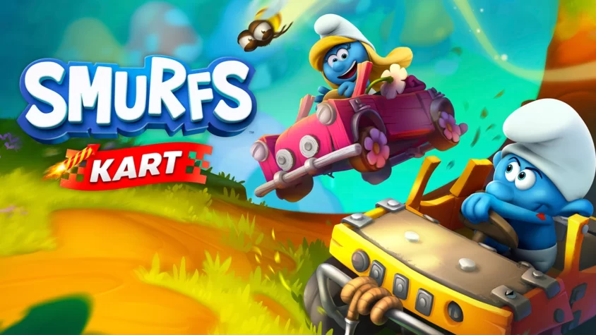 Обложка игры 'Smurfs Kart', на которой смурфы гоняют на своих причудливых машинах по ярким и весёлым трассам