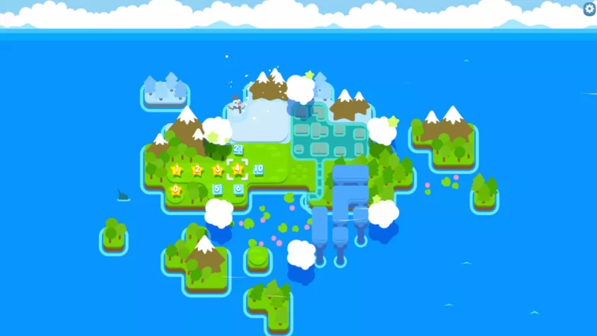 Карта островов в игре Snakebird Complete с различными уровнями и элементами