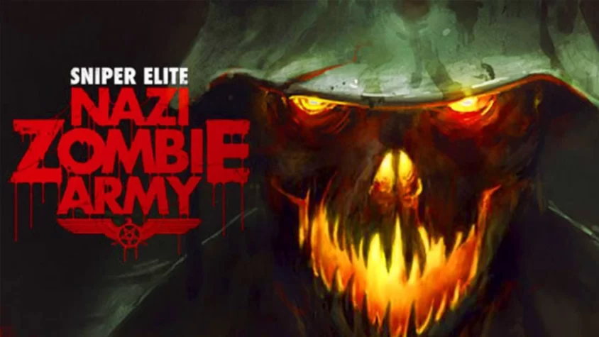 Обложка игры Sniper Elite: Nazi Zombie Army, с жутким зомби с горящими глазами