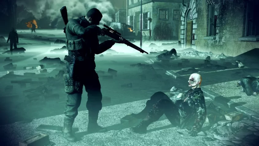 Сцена из игры Sniper Elite: Nazi Zombie Army, солдат на фоне зомби