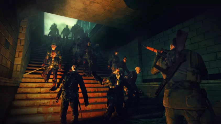 Сцена из игры Sniper Elite: Nazi Zombie Army, зомби спускаются по лестнице
