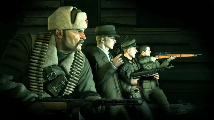 Сцена из игры Sniper Elite: Nazi Zombie Army, группа персонажей готовится к борьбе с зомби