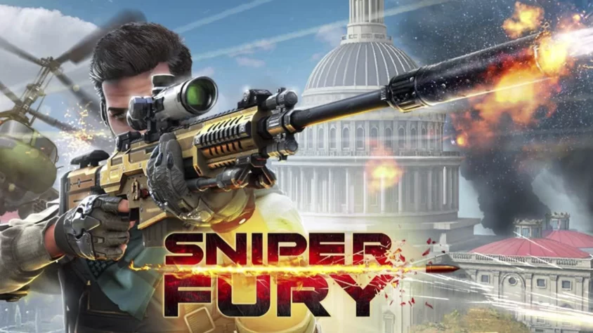 Sniper Fury - Обложка игры Главный герой с прицелом на винтовке, готовый к атаке в разрушенном городе