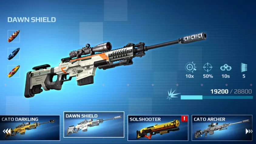 Вид на винтовку Dawn Shield с её характеристиками и доступными модификациями