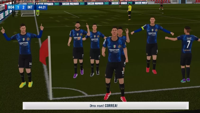 Герои игры Soccer Manager 2022 празднуют гол, как будто их жизни зависят от этого