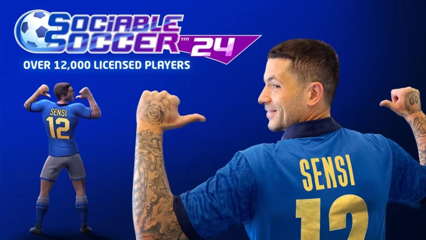 Обложка Sociable Soccer 2024 Обложка игры Sociable Soccer 2024 с персонажем в футболке с номером 12 и логотипом игры