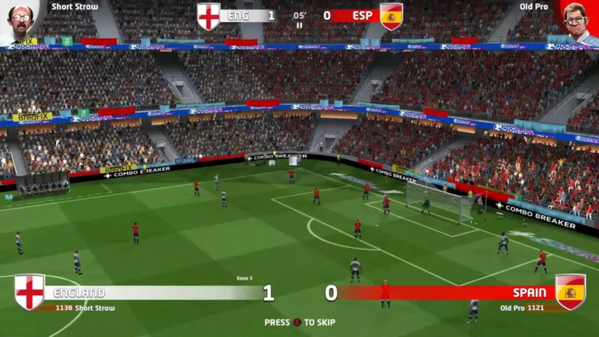 Игровой момент матча между Англией и Испанией в Sociable Soccer 2024