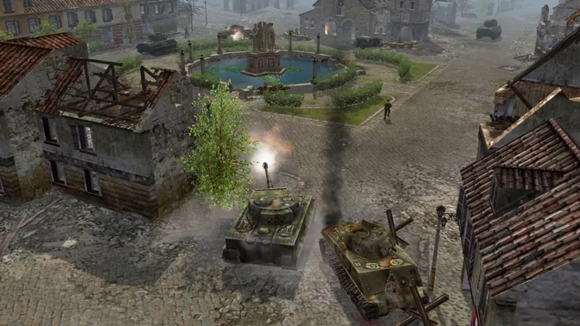 Танки сражаются на разрушенных улицах города. Картина из игры Soldiers: Heroes of World War II