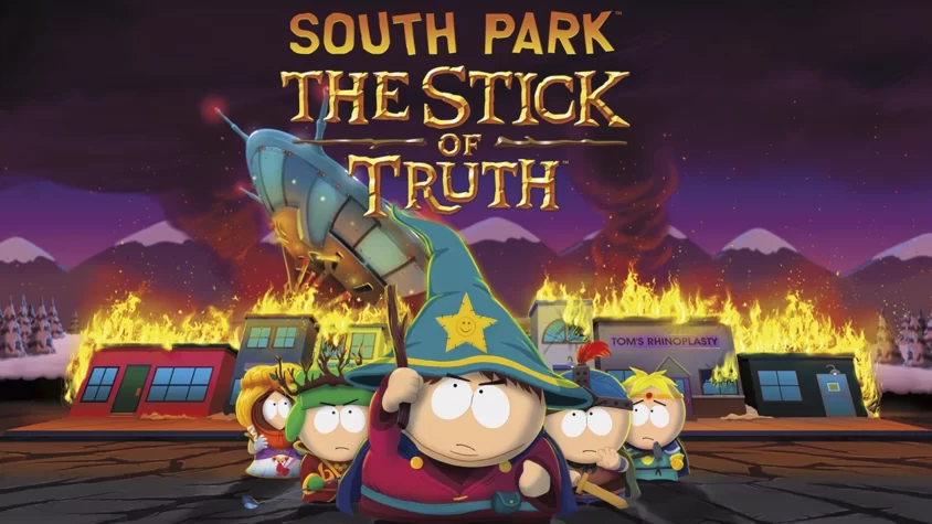 Главная обложка игры South Park: The Stick of Truth, где персонажи в магических костюмах стоят перед горящими зданиями