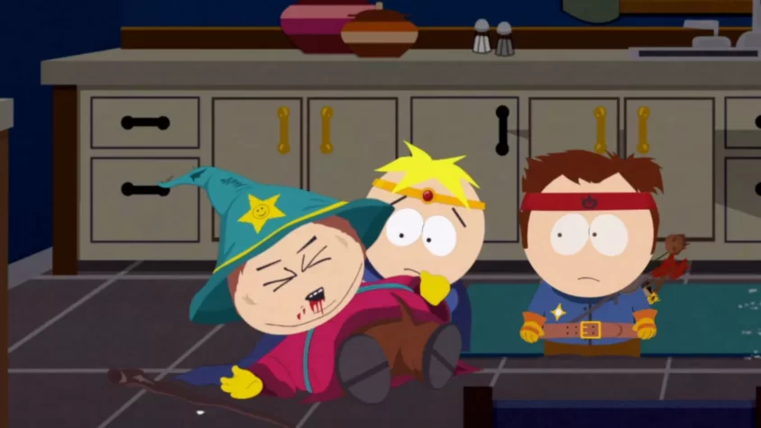 Картиночка из South Park: The Stick of Truth с Карменом, Буттерсом и Твиком, в которой Кармен сильно страдает