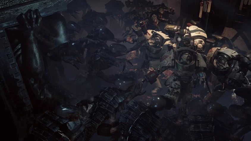 Космодесантники из отряда Deathwing, окруженные Тиранидами в игре Space Hulk: Deathwing - Enhanced Edition