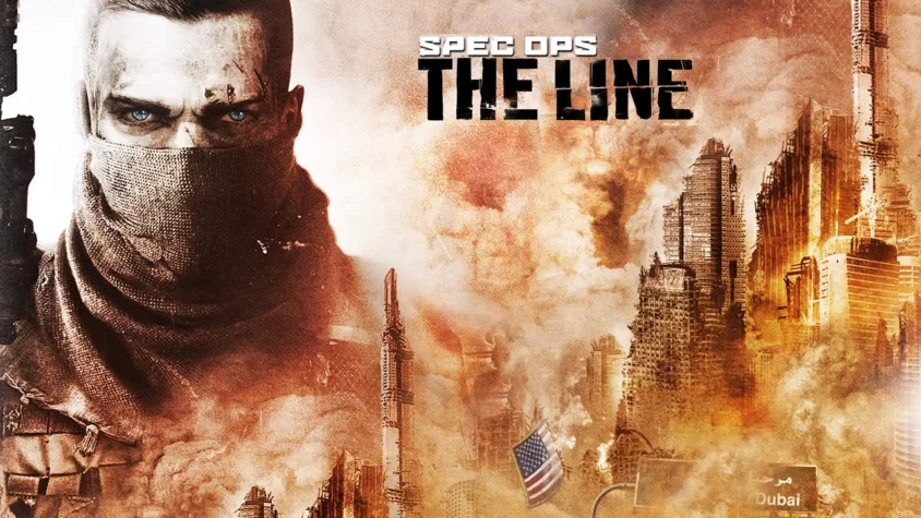 Spec Ops: The Line — Обложка Обложка игры Spec Ops: The Line, с изображением главного персонажа в маске на фоне разрушенного Дубая