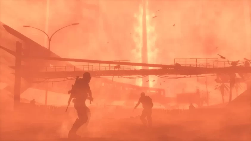 Персонажи идут по разрушенному городу в огненной буре в игре Spec Ops: The Line