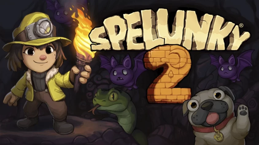 Обложка игры Spelunky 2 с персонажем, держащим факел, и множеством милых, но опасных существ