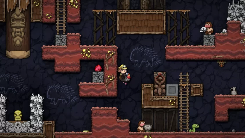 Персонаж Spelunky 2 в пещере, окружённый ловушками и скелетами, в поисках сокровищ