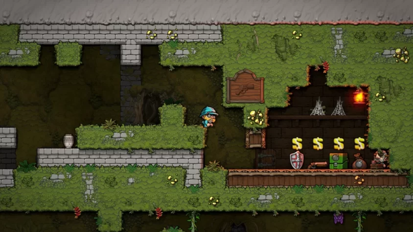 Персонаж Spelunky 2 рядом с магазином, где продаются всякие полезные штуки — от оружия до щитов