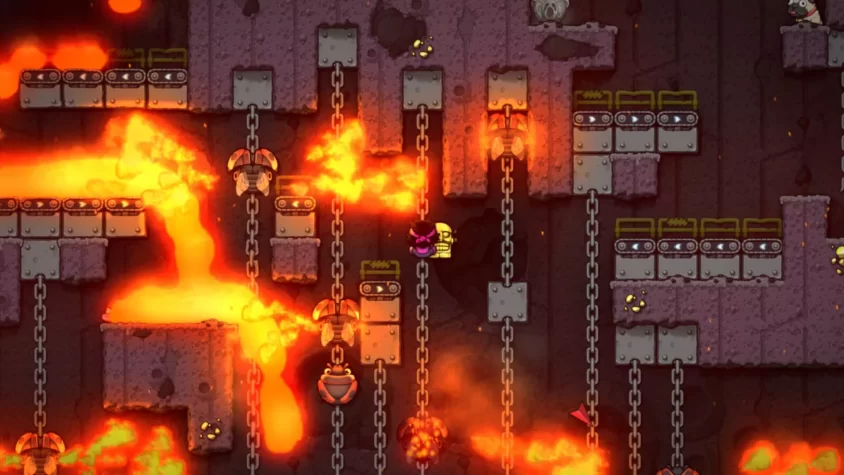 Персонаж Spelunky 2, бегущий по платформам, окружённым лавой и огнём, с множеством ловушек