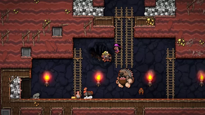 Персонажи Spelunky 2 в пещере с множеством ловушек, гигантским врагом и пернатыми спутниками