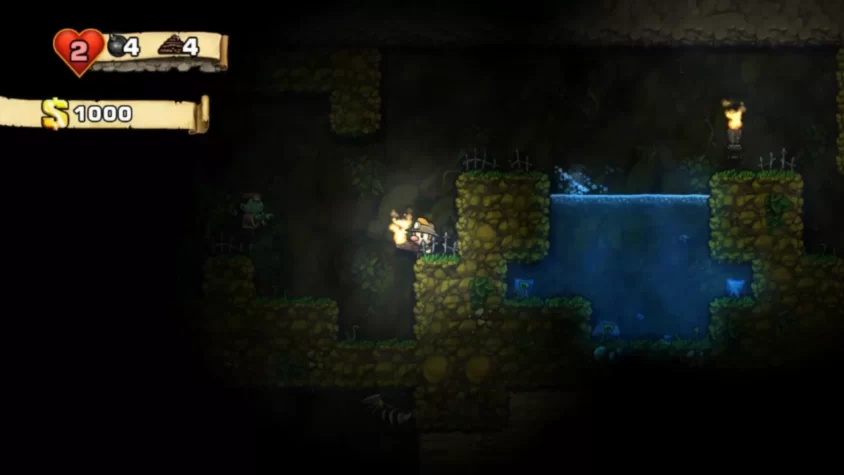 Темный уголок в Spelunky с водопадом