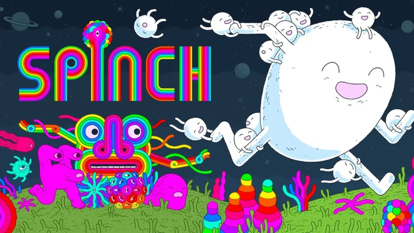 Spinch: Весь космос в твоих руках (или почти) Обложка игры Spinch с яркими цветами и персонажами, скачущими в космосе