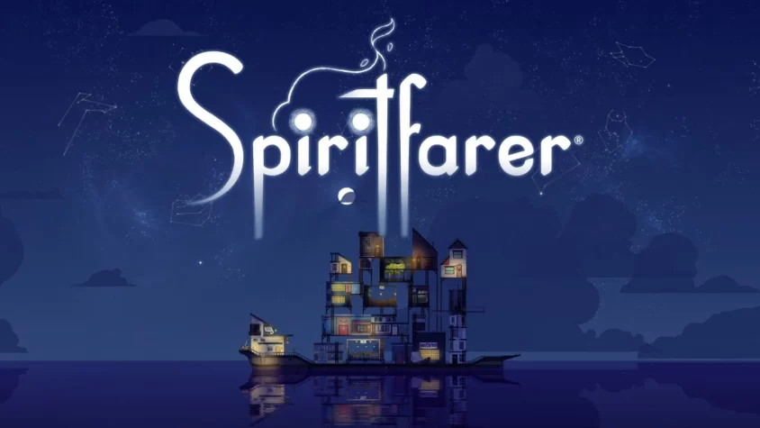 Обложка игры Spiritfarer с изображением плавучего корабля и космического фона