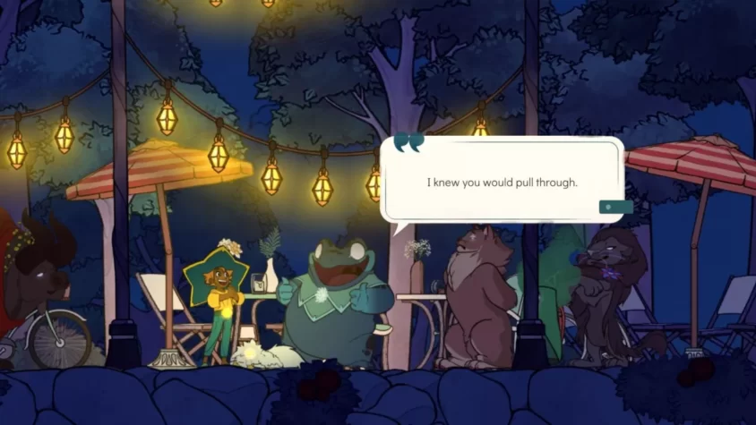 Персонажи игры Spiritfarer на фоне вечернего пейзажа, один из них говорит: «Я знал, что ты справишься»