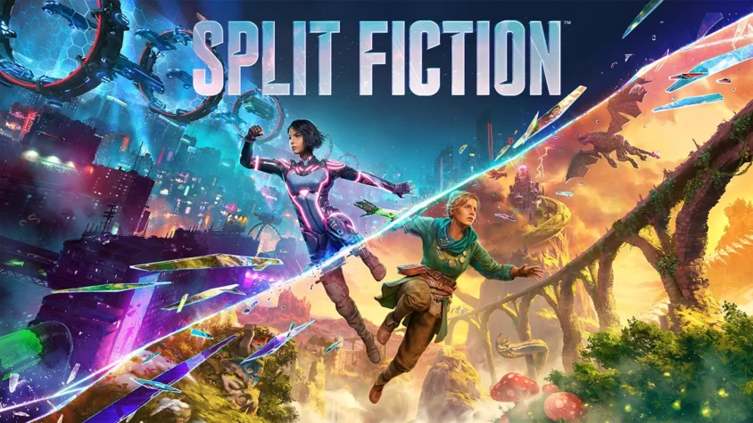Обложка игры Split Fiction Главная обложка игры Split Fiction, где героини пересекают миры, один в стиле киберпанк, другой — фэнтезийный