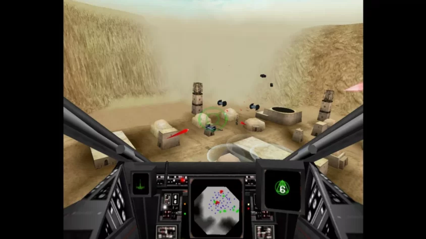 Вид из кабины космического корабля в игре STAR WARS: Rogue Squadron 3D, с разрушениями на поверхности планеты и яркими выстрелами