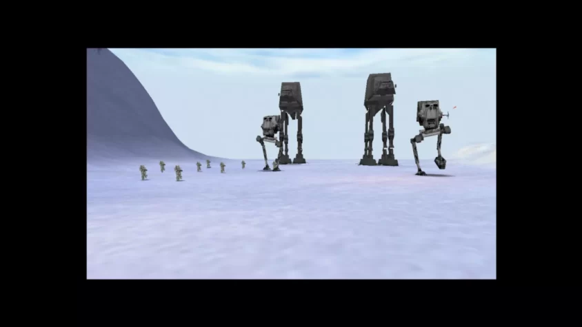 Пехота Империи и AT-AT на заснеженной планете в игре STAR WARS: Rogue Squadron 3D