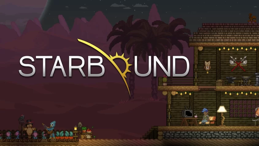 Обложка игры Starbound, где главные герои занимаются строительством на чужой планете