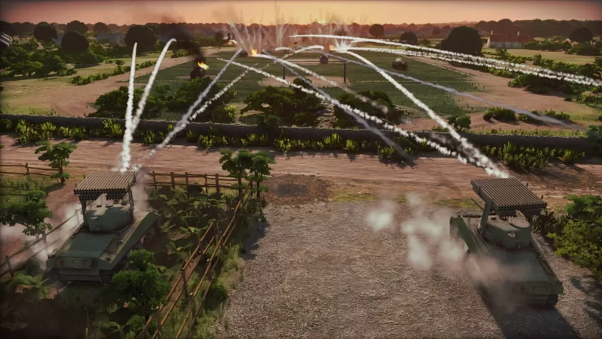 Танки в Steel Division: Normandy 44 с дымовыми завесами и взрывами на фоне