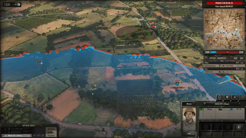 Тактический интерфейс в Steel Division: Normandy 44 с планом атаки и движущимися войсками