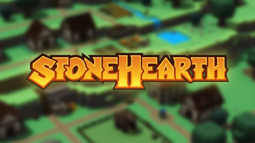 Логотип Stonehearth на фоне пиксельного рая Обложка Stonehearth с логотипом на фоне размытого кубического поселения
