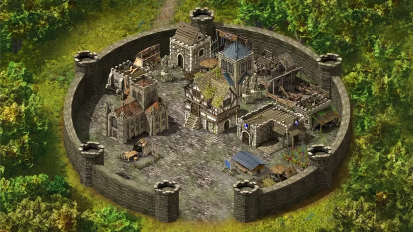 Вид на построенный замок в Stronghold Kingdoms с работниками и строительством