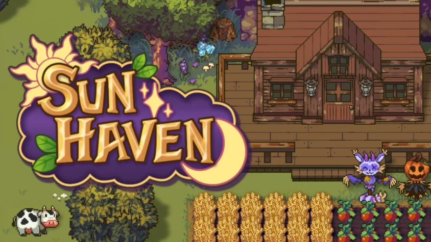 Главная обложка игры Sun Haven, с фермой, чудесным персонажем и коровой на переднем плане