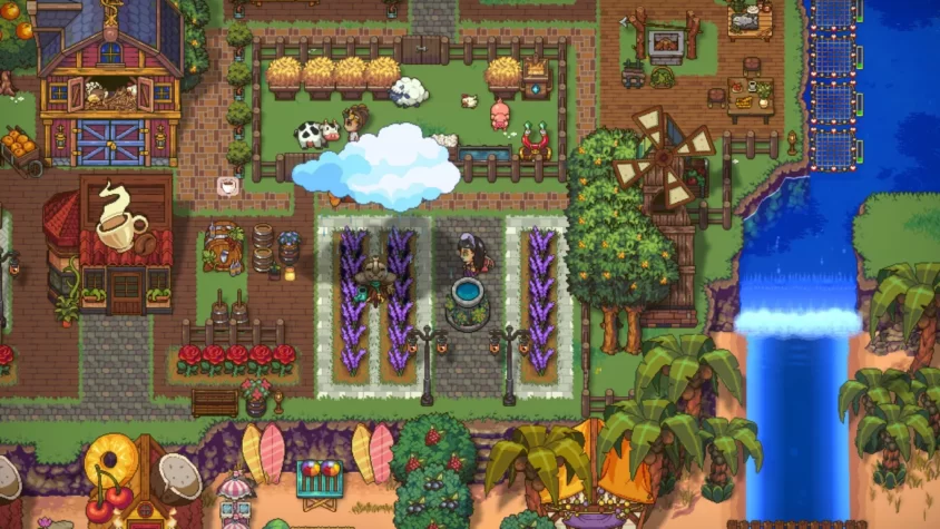 Скрин из игры Sun Haven с фермерским участком, животными и красивым видом на природу