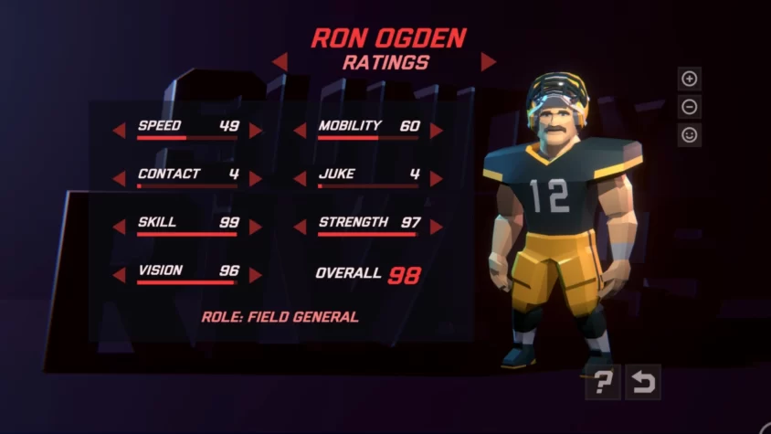 Меню характеристик игрока Ron Ogden с оценкой 98 и усами, достойными уважения